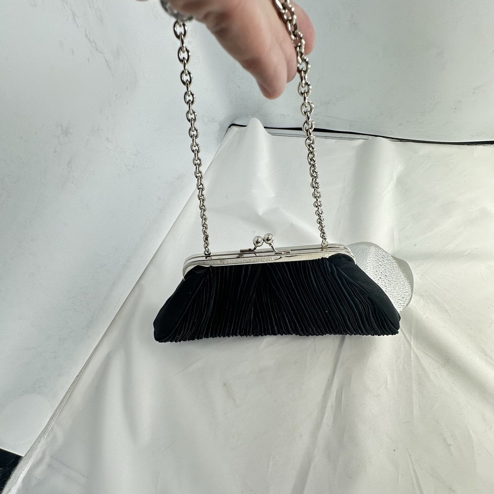 White House Black Market Pleated Satin  Pouch Purse Gem Snap Black Evening Bag - Picture 4 of 7